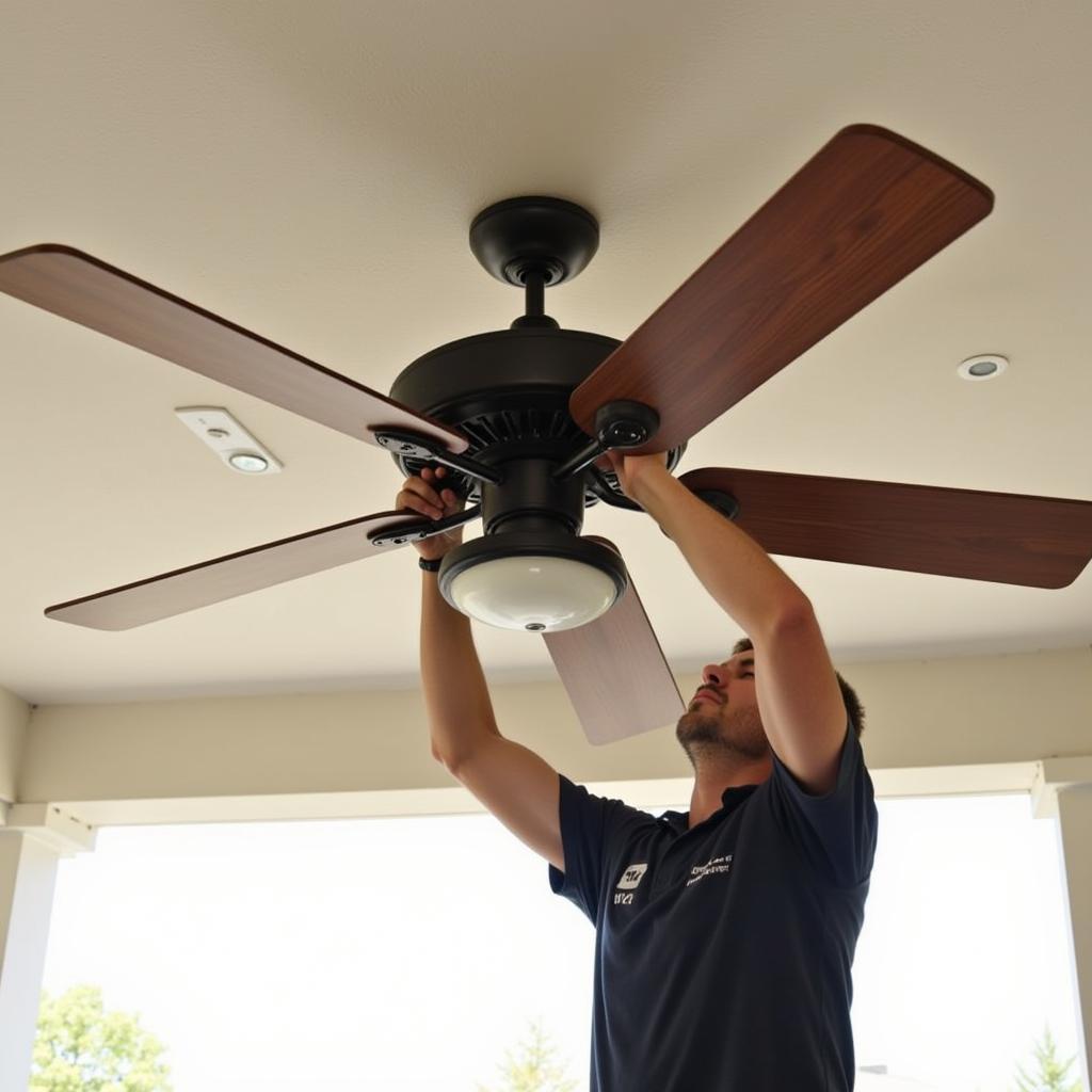 Technician installing a 72 inch outdoor ceiling fan