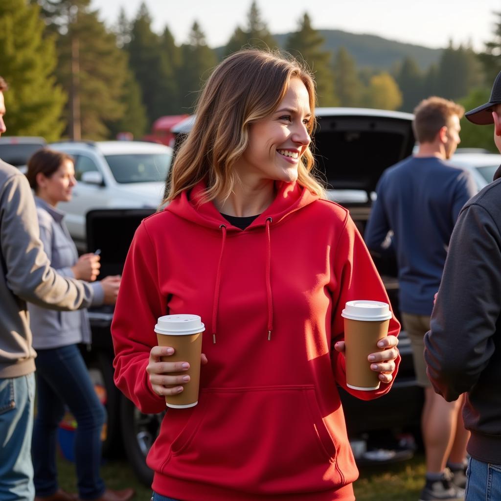 Woman wearing a beverage holder hoodie at a tailgate party