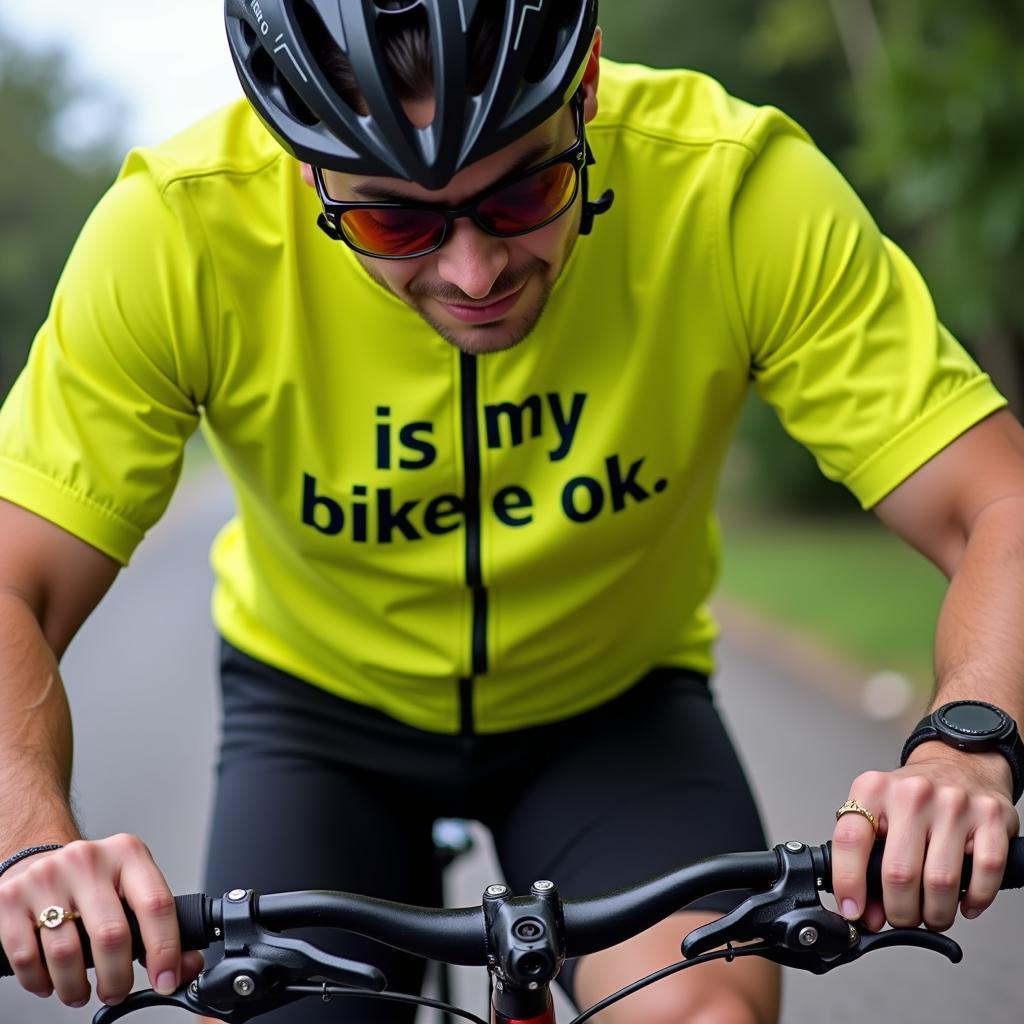 Cyclist wearing an "is my bike ok" t-shirt while checking their bike