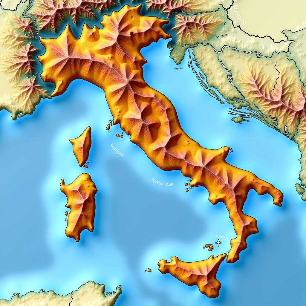 Italy Relief Map Showing Mountains, Plains, and Coastline