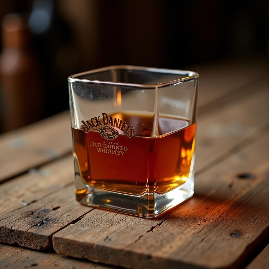 Jack Daniels Square Glass on a Rustic Wooden Table