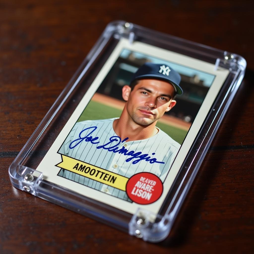 A Joe DiMaggio signed baseball card displayed in a protective case.