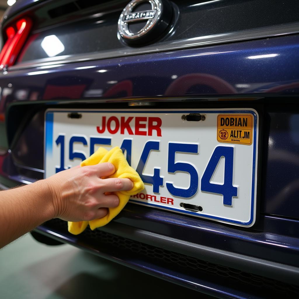 A person cleaning their Joker license plate.