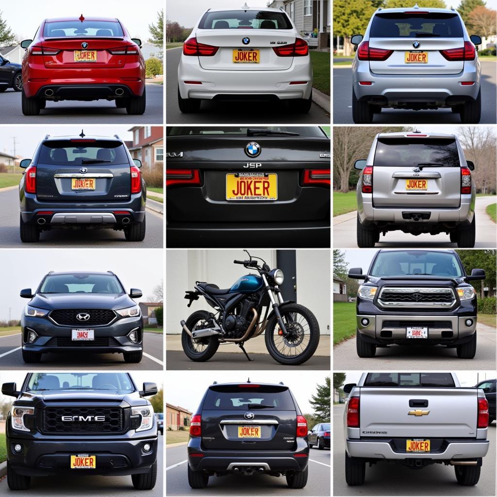 Different variations of Joker license plates on various vehicles.