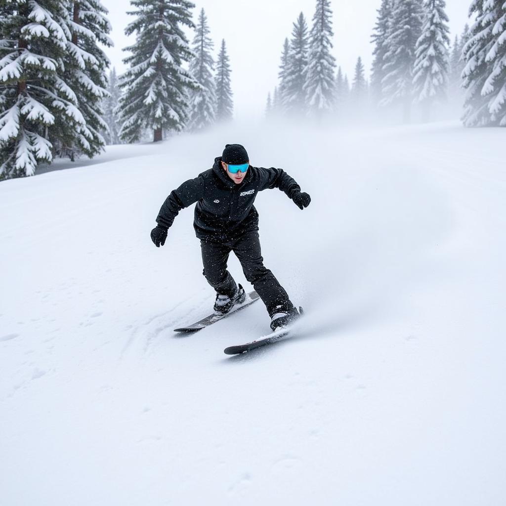 Jones Flagship 156 snowboarder carving down a mountain slope