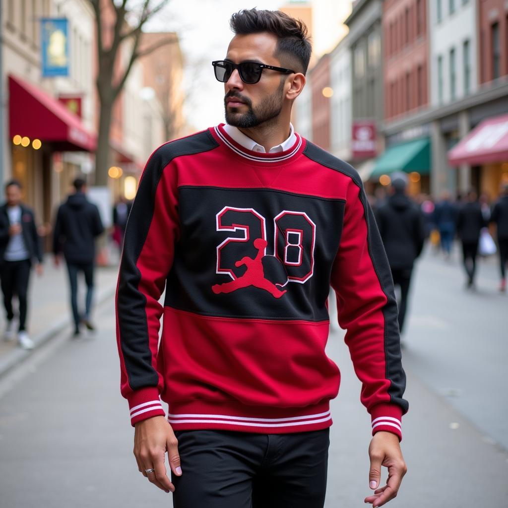 A model showcasing a stylish street style outfit featuring the Jordan 8 Sweater