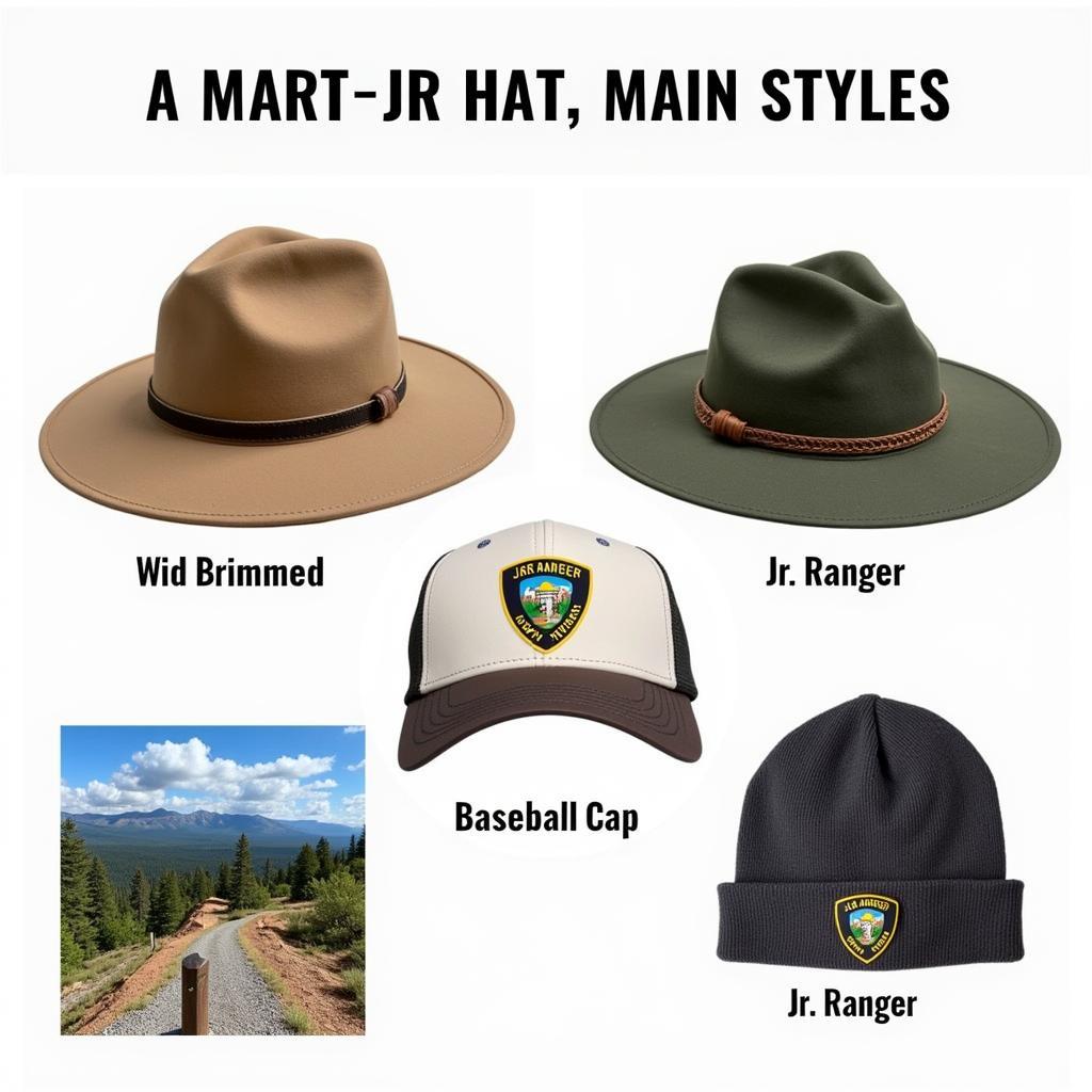 Jr Ranger Hat Styles: Wide-brimmed, baseball cap, and beanie.