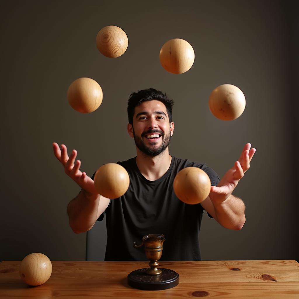 A person juggling 12 wooden balls with skill and precision.