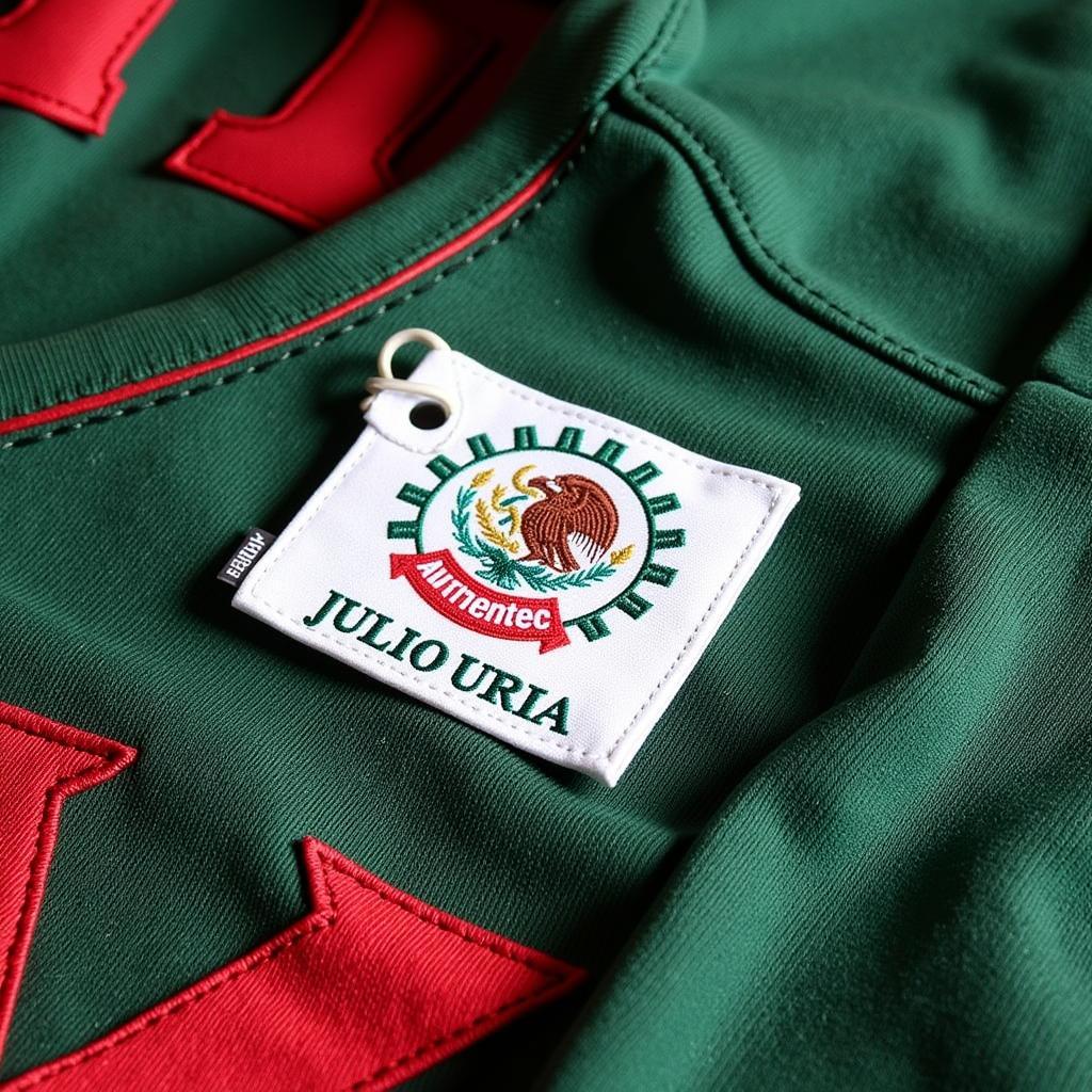 Close-up of an authentic Julio Urias Mexico jersey showcasing the details and stitching