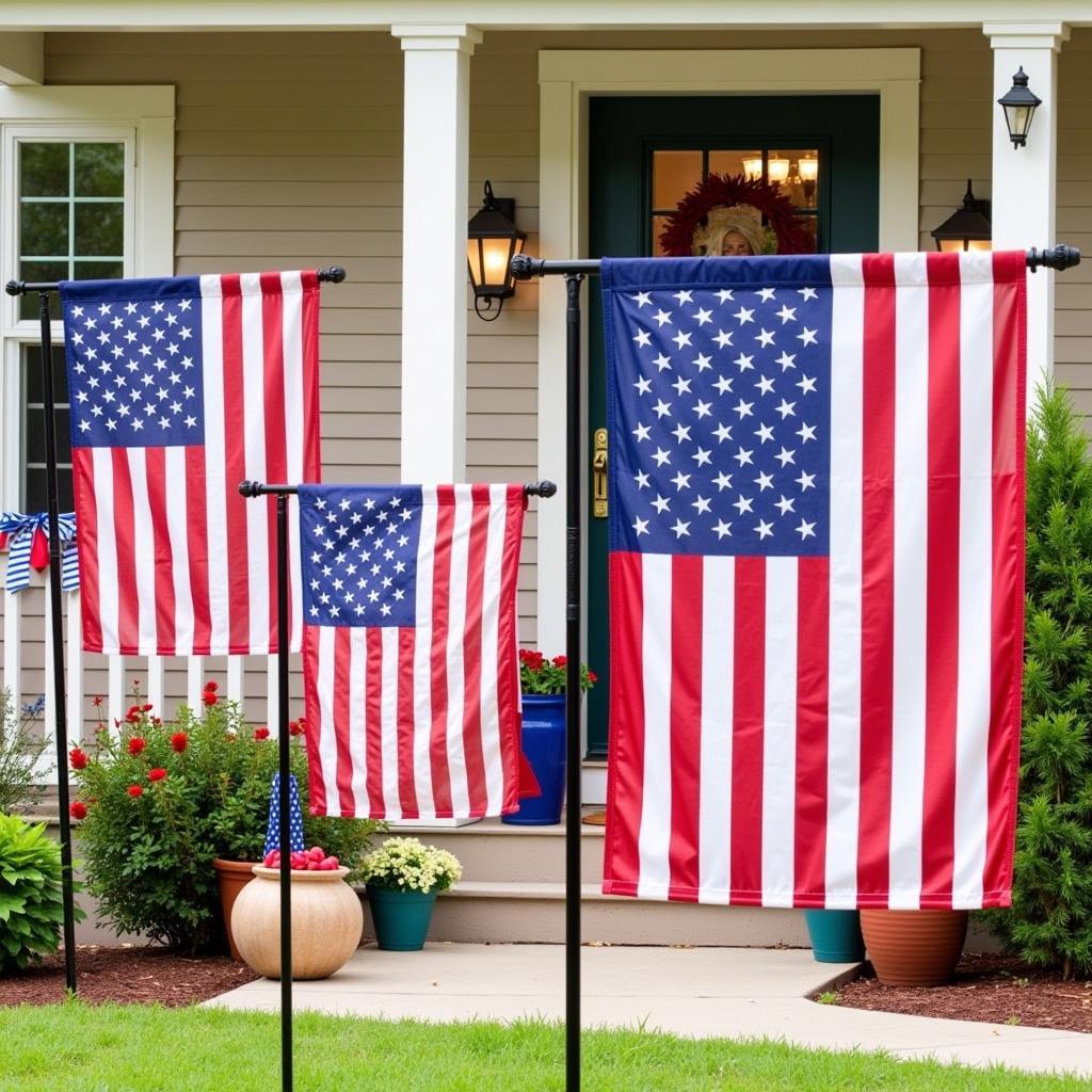 American flags displayed on a porch for the 4th of July