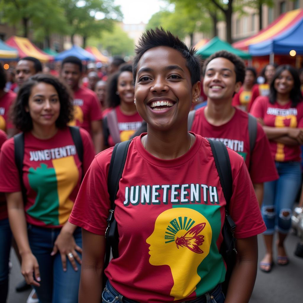 People celebrating Juneteenth while wearing Juneteenth flag shirts