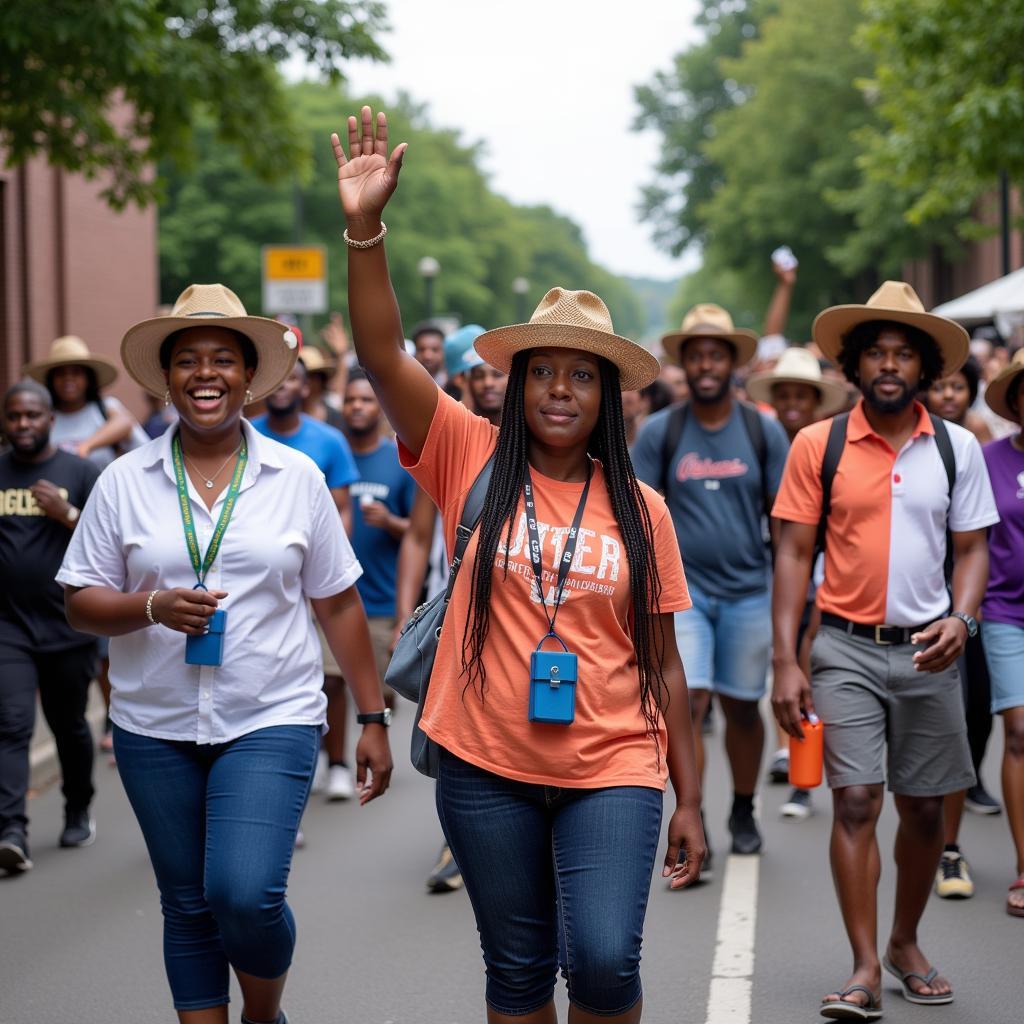 People marching in a Juneteenth parade, many wearing Juneteenth hats