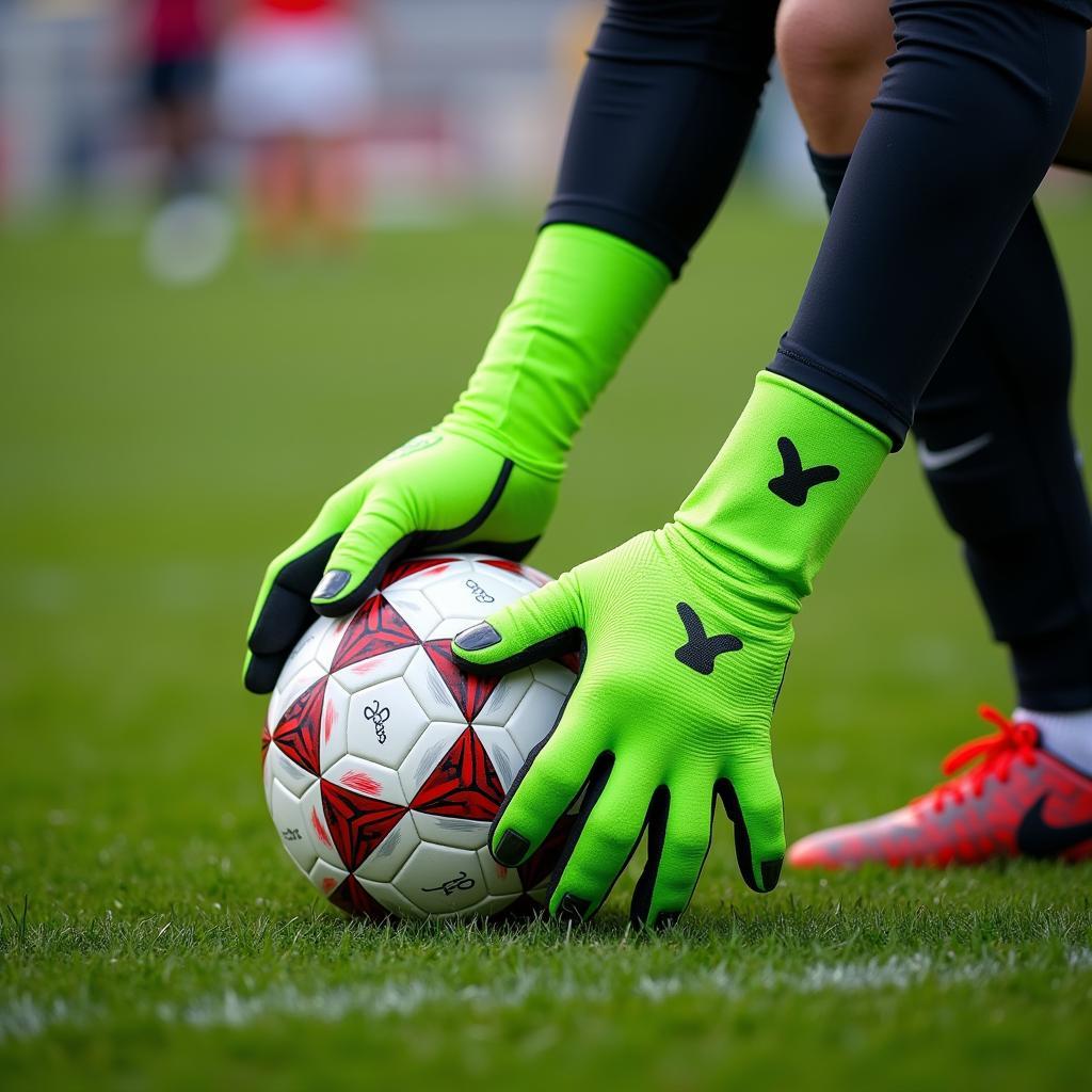 Kelly green gloves on a football field during a match