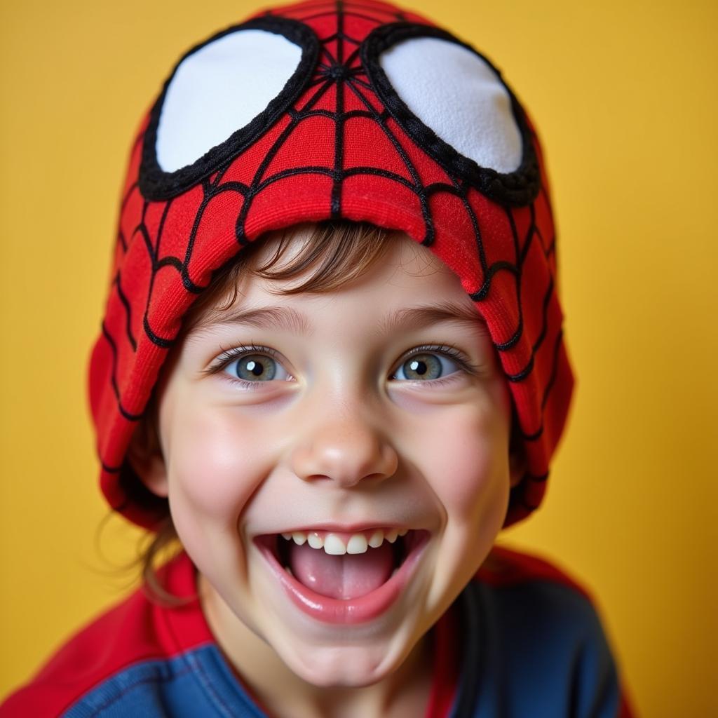 A child joyfully wearing a Spiderman hat