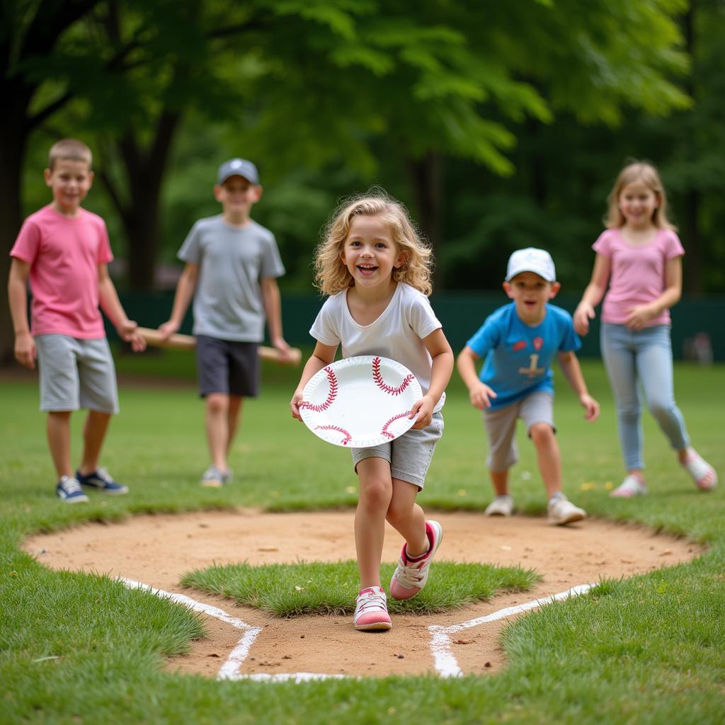 Children Enjoying a Game of Paper Plate Baseball