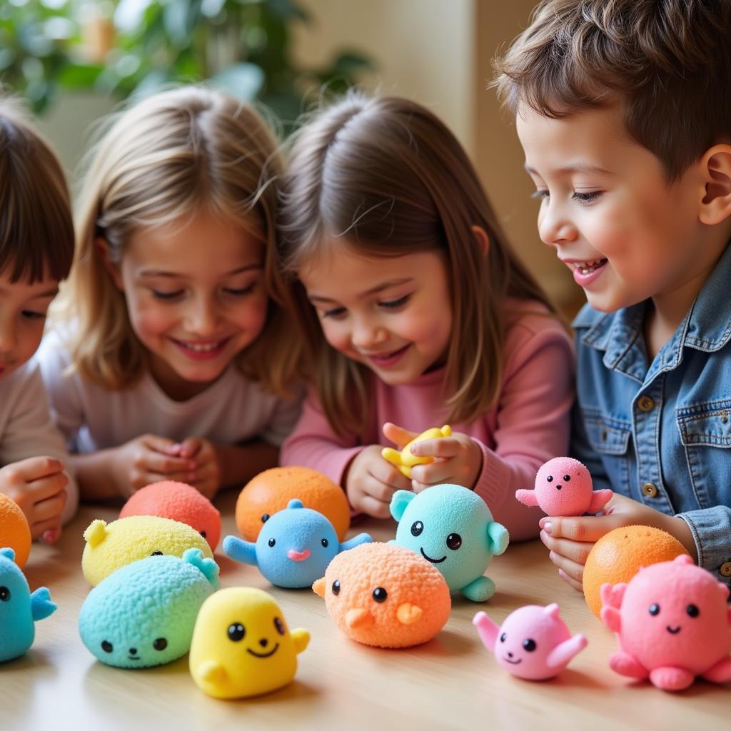 Children happily playing with ice cream squishy jumbo toys.