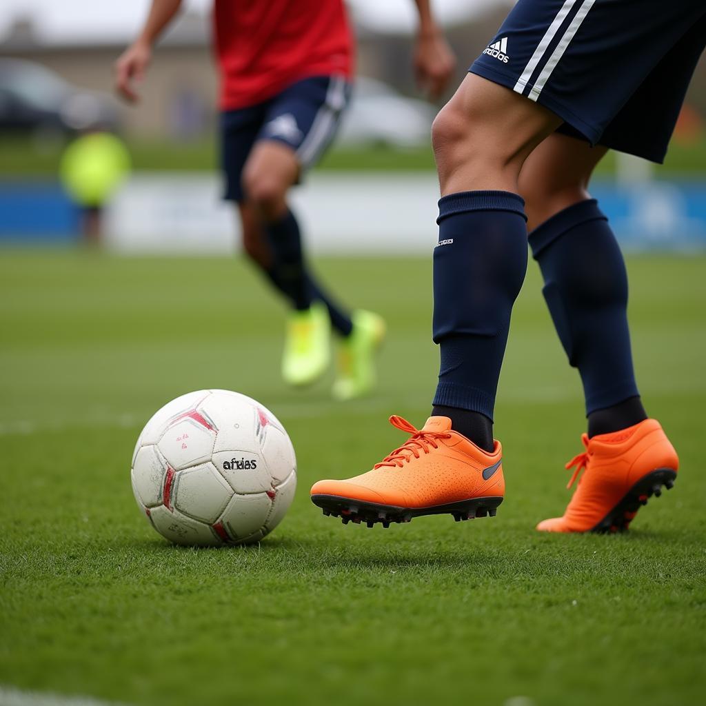 A midfielder distributing the ball accurately to a teammate during a game