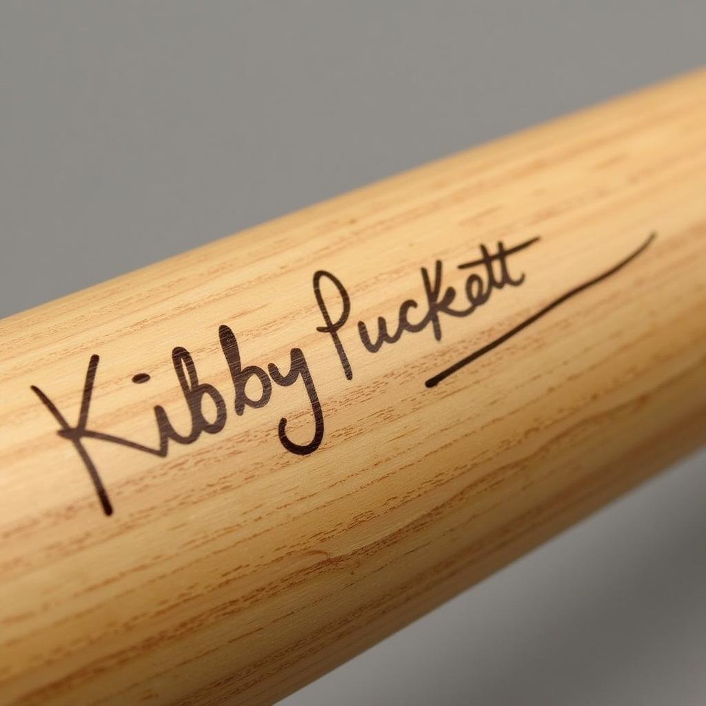 Close-up view of a Kirby Puckett Autographed Baseball Bat