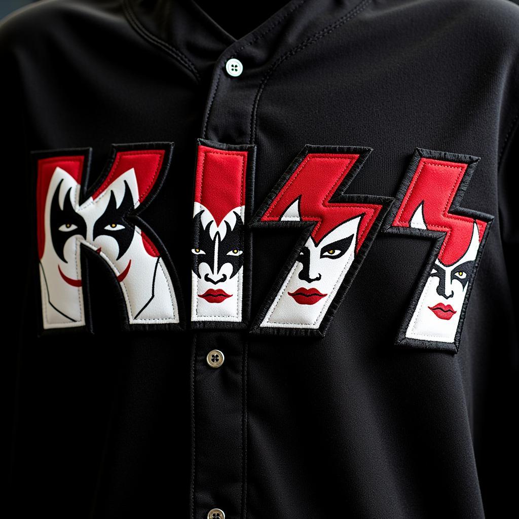 Close-up of a KISS baseball jersey showcasing the band's iconic makeup and logo