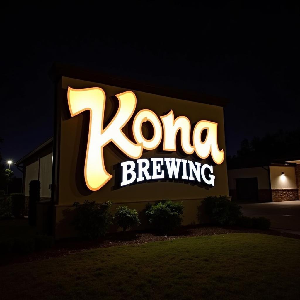 Illuminated Kona Brewing Sign at a Brewery Location at Night