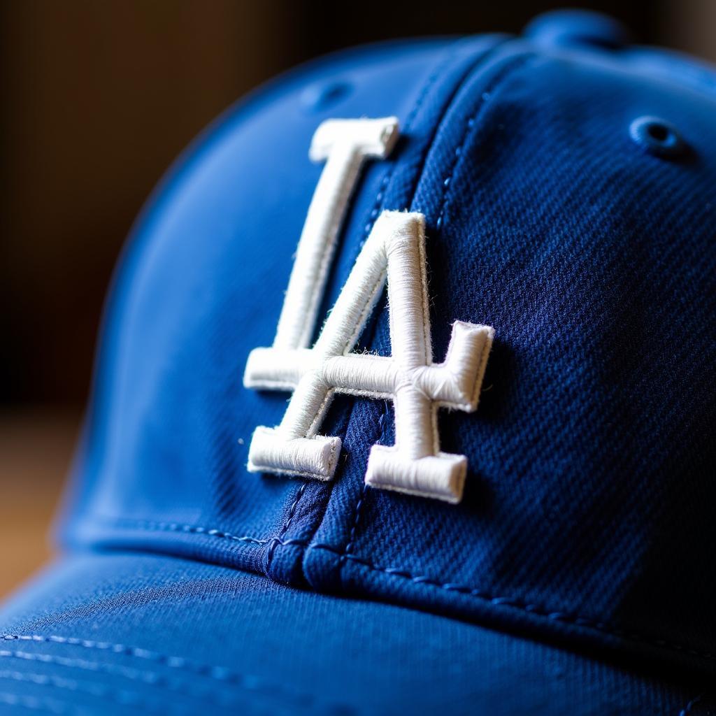 Close-up view of a blue LA Dodgers A-Frame hat showcasing the iconic LA logo.