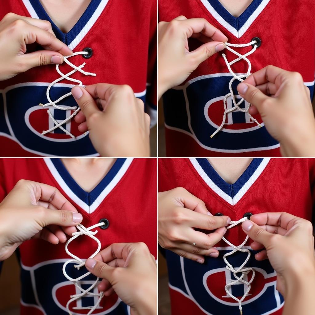 Lacing up a vintage hockey jersey with traditional criss-cross pattern