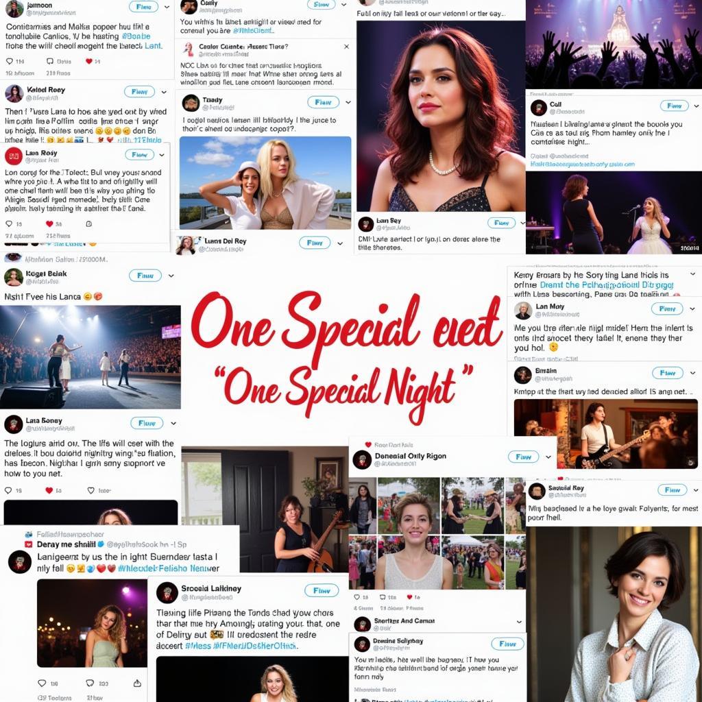 A collage of fan reactions to Lana Del Rey's "One Special Night" concert, including social media posts, photos, and fan art.