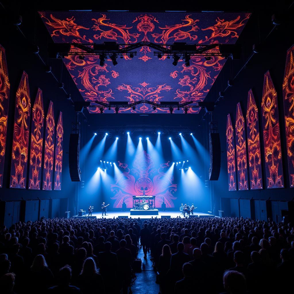 A panoramic view of the stage setup for Lana Del Rey's "One Special Night" concert, showcasing the elaborate lighting and design.