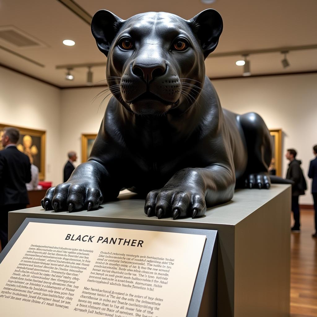 Large Black Panther Statue Museum Display with Informative Plaque