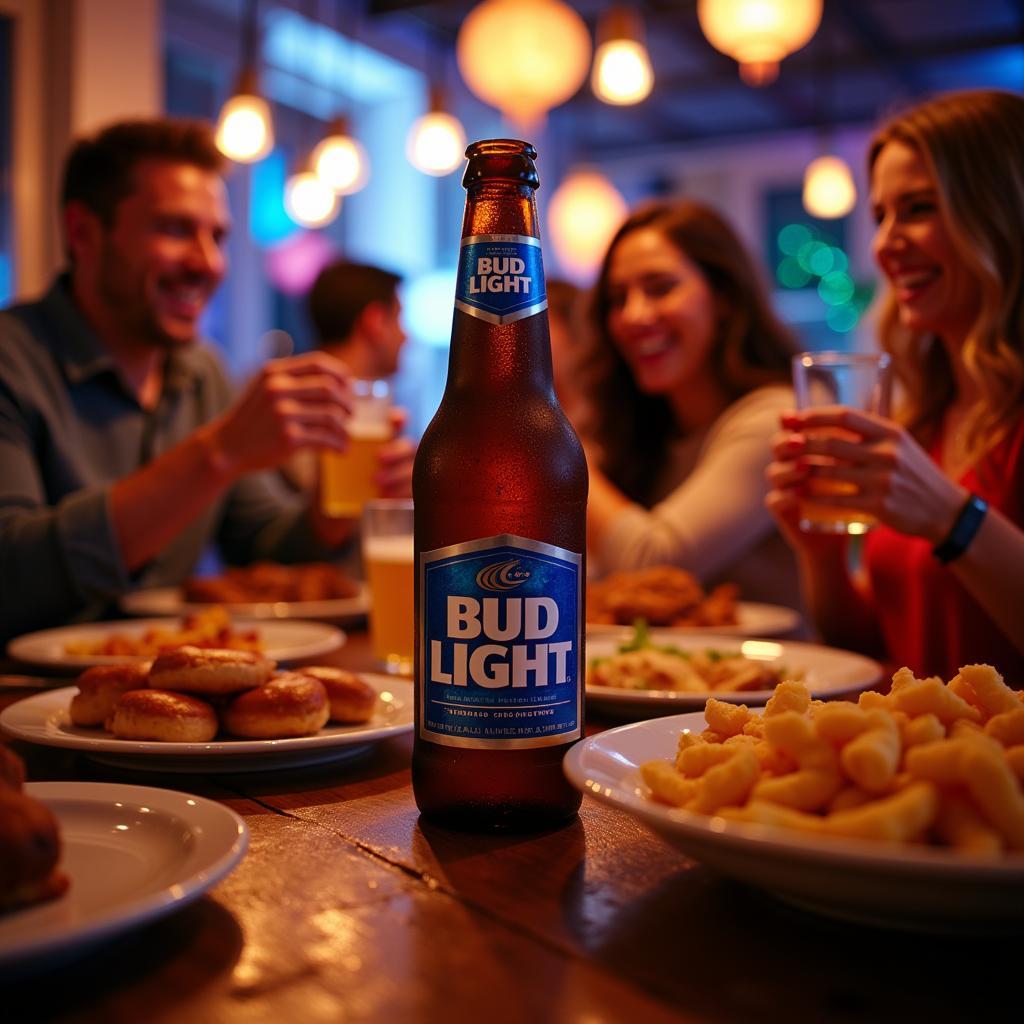 Large Bud Light bottle at a vibrant party scene