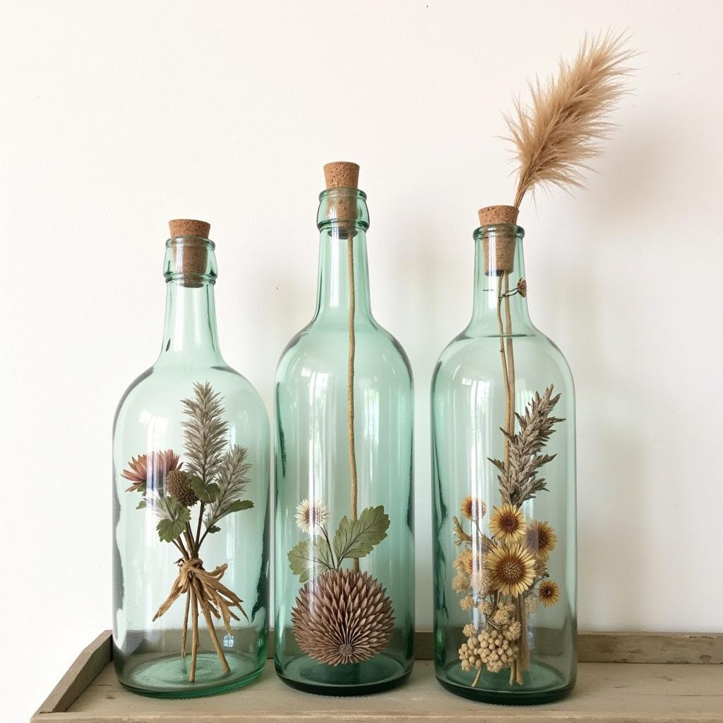 Large glass bottles repurposed as vases with dried flowers