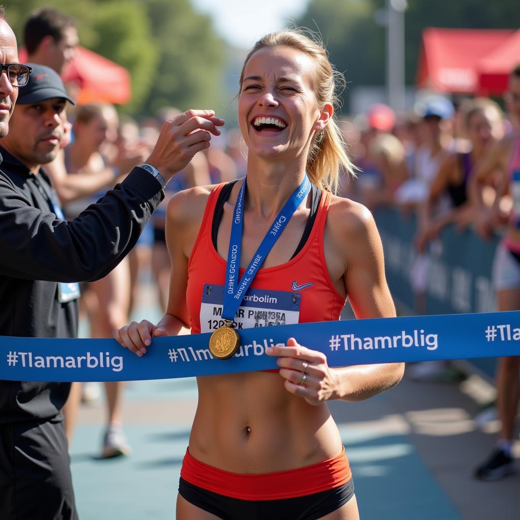 Laughing Lilly crossing the marathon finish line