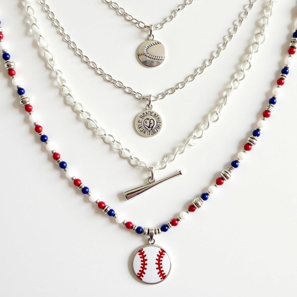 Different styles of baseball necklaces layered together to create a fashionable look