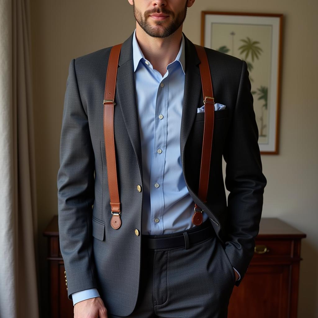 Man wearing leather button braces with a suit