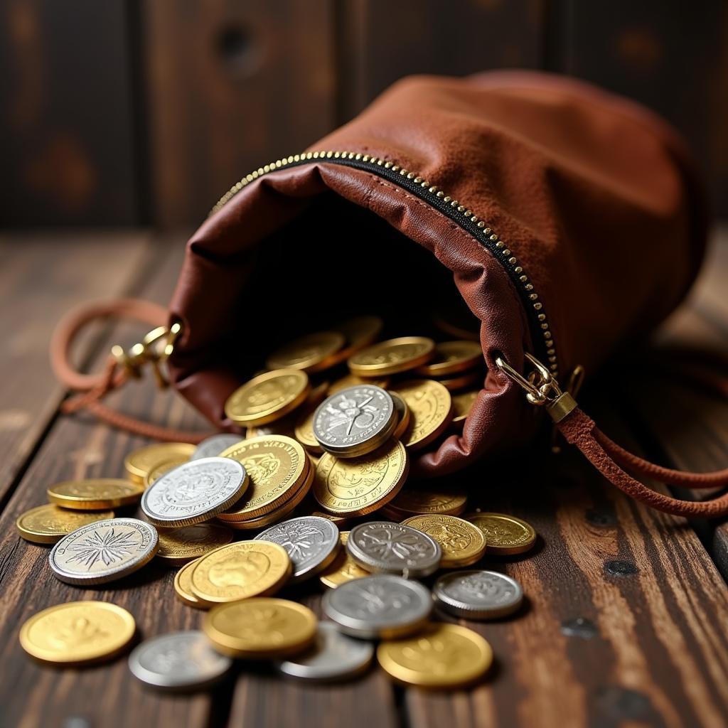 Leather Pirate Bag Filled with Coins