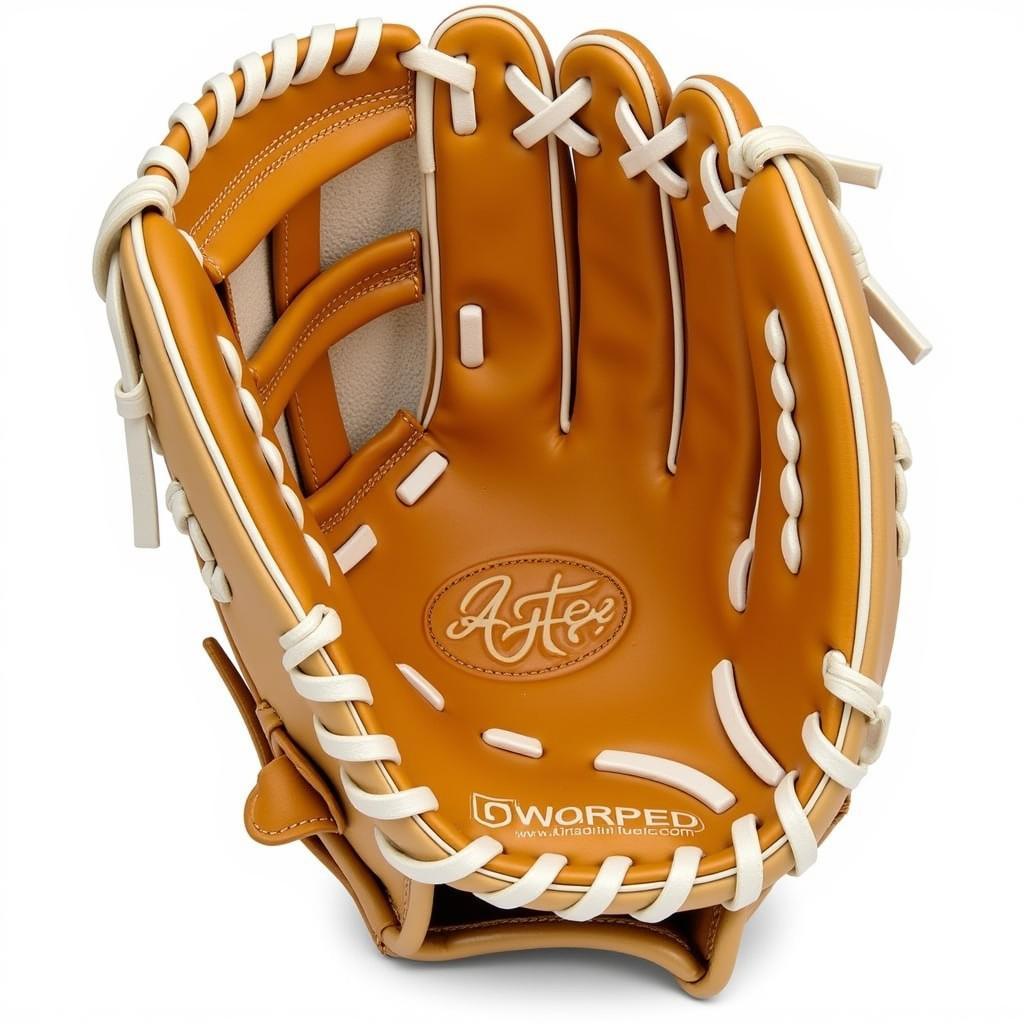 Close-up view of a left-handed first base softball glove, showcasing its deep pocket and extended web.