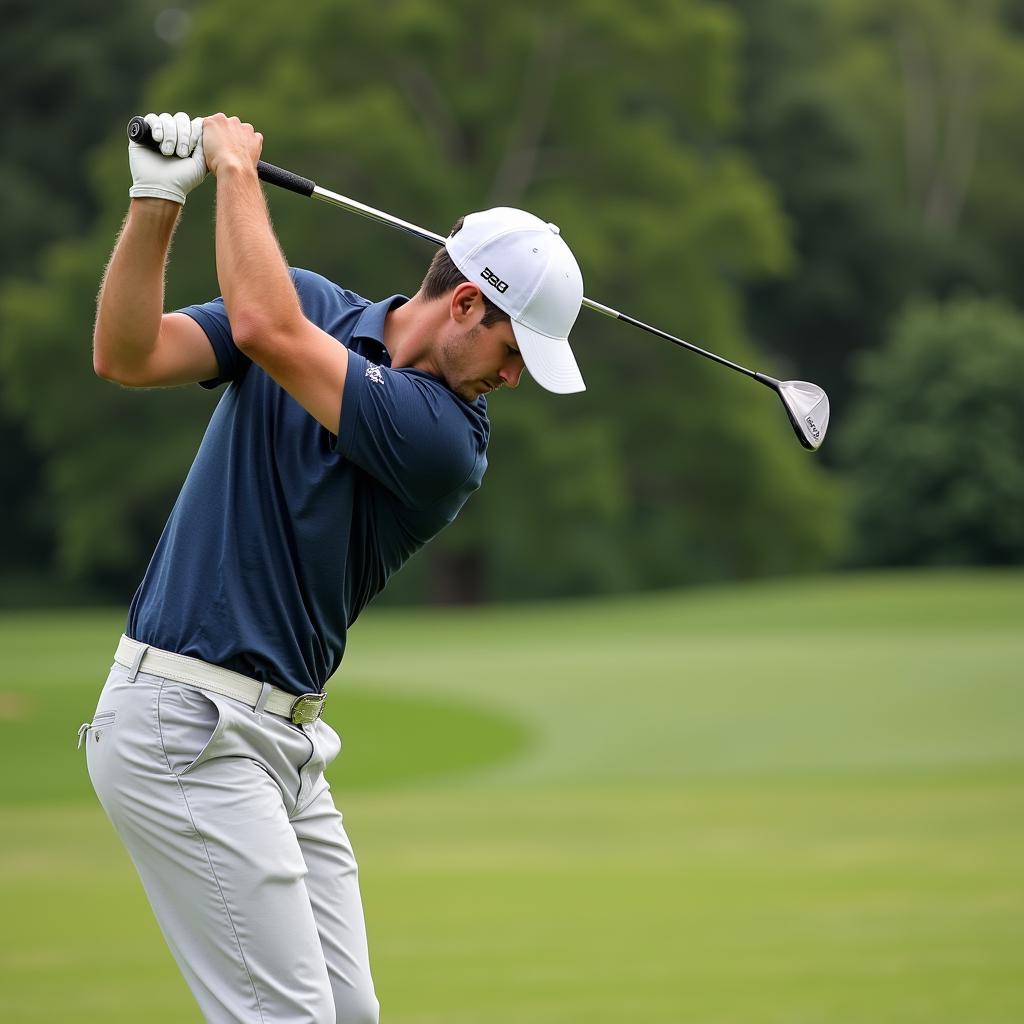 Left-handed golfer swinging a 6 hybrid, demonstrating the correct swing technique