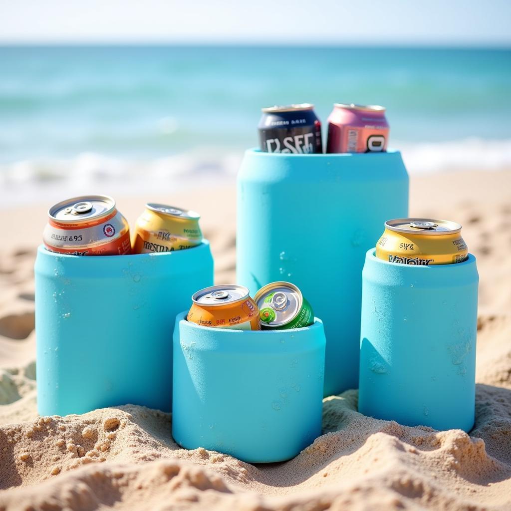 Light blue foam can coolers on the beach