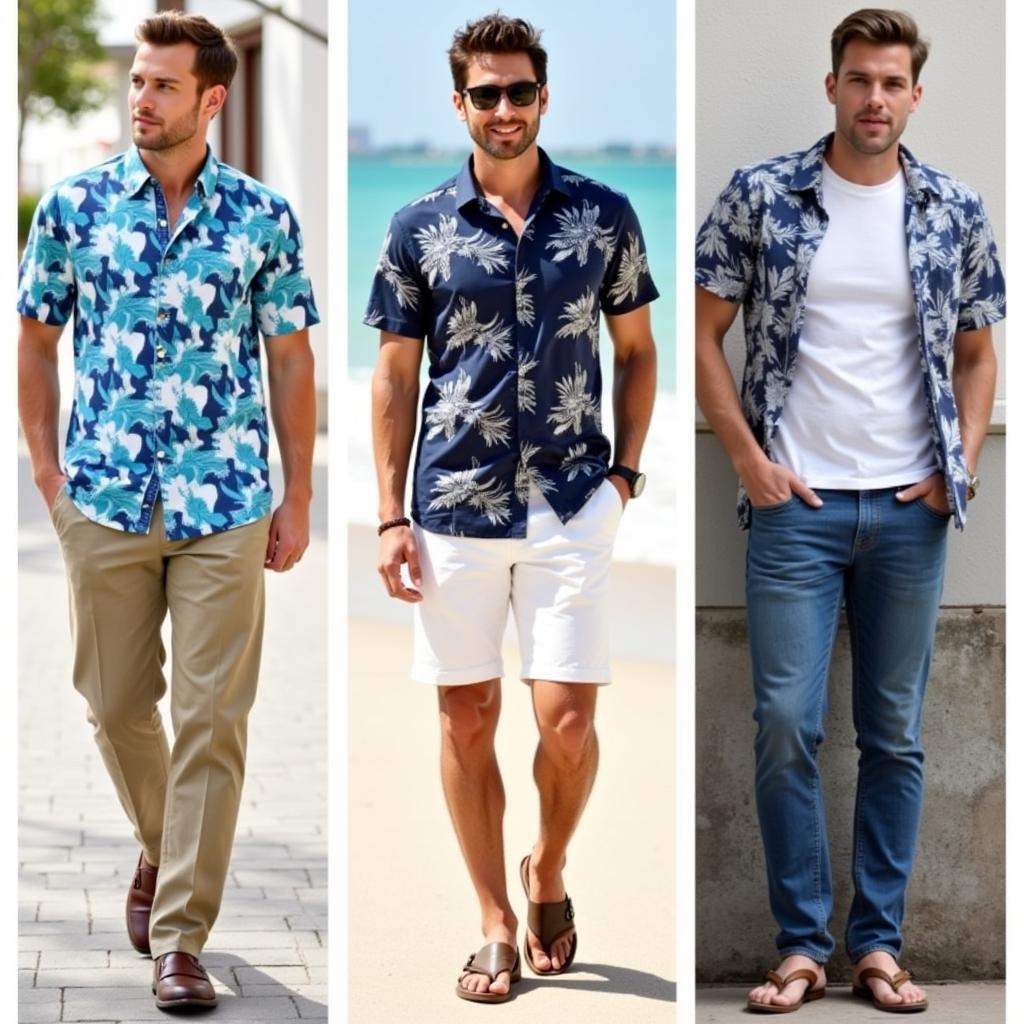 Different ways to style a lightweight Hawaiian shirt for various occasions: with chinos and loafers, shorts and sandals, and layered over a t-shirt with jeans.