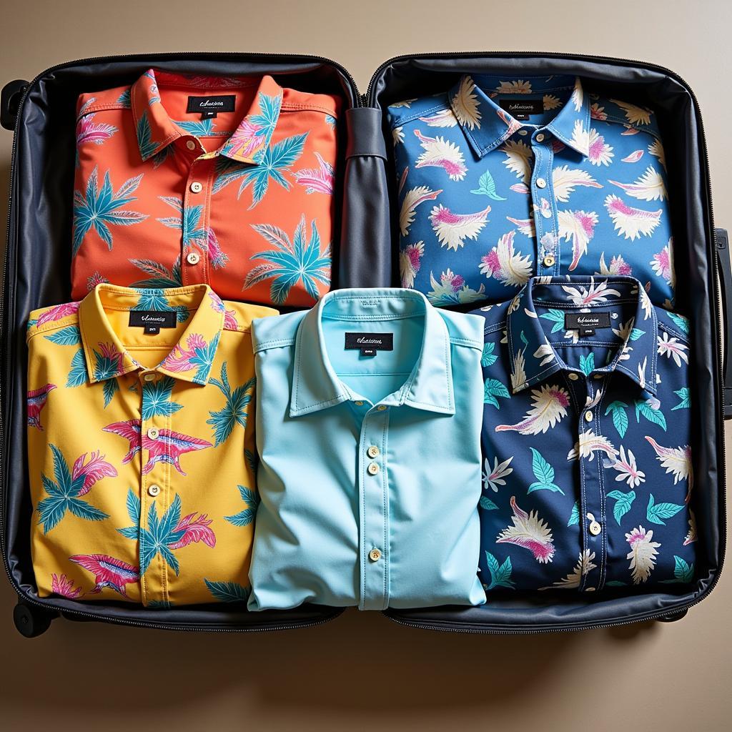 A suitcase packed with folded lightweight Hawaiian shirts, ready for a tropical vacation.