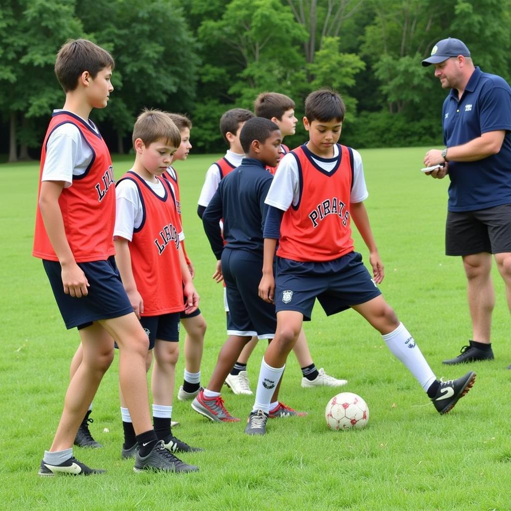 Lillington Pirates youth football team practicing their skills on the field during a training session.