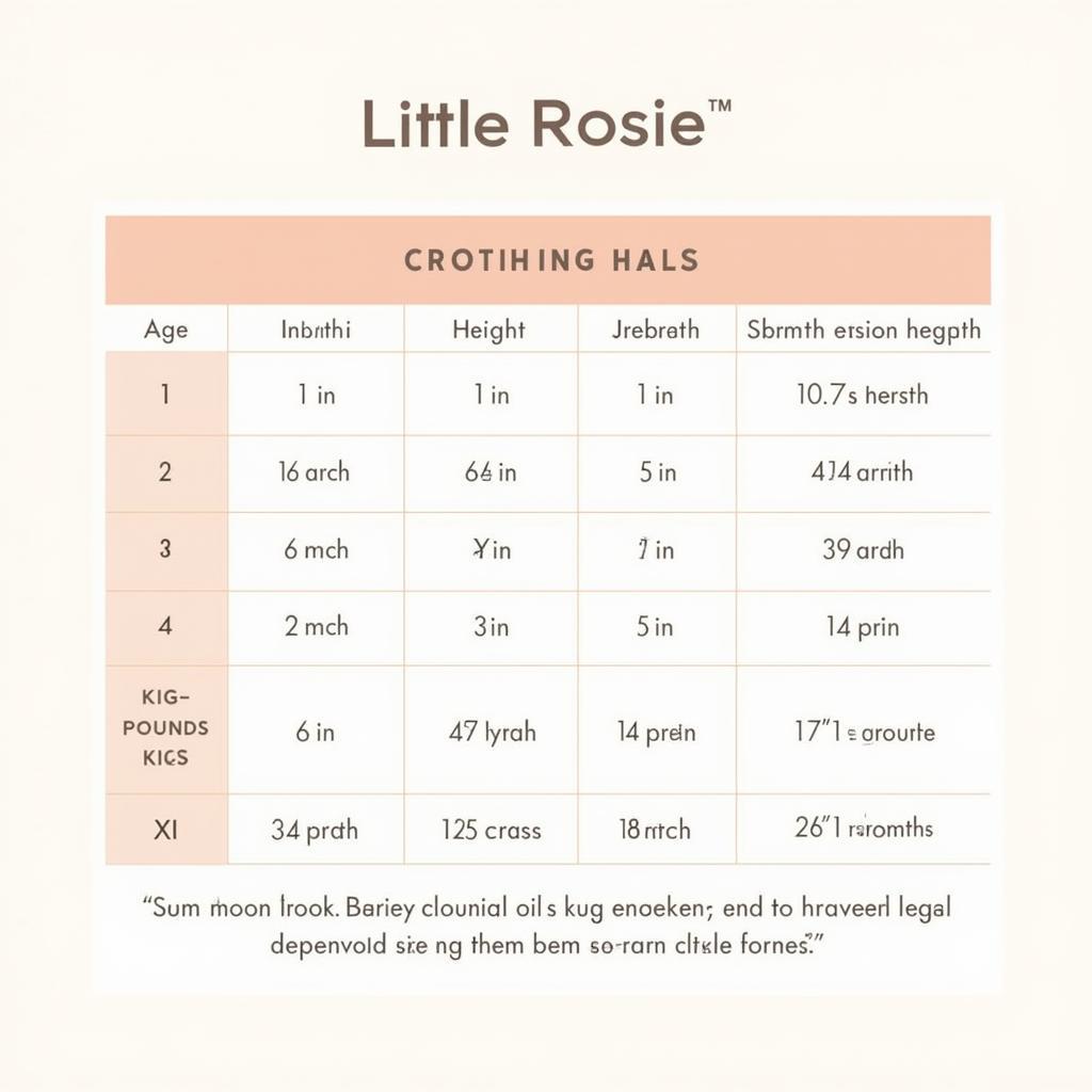 Little Rosie Infant Size Chart: A visual guide to Little Rosie clothing sizes for infants from newborn to 24 months, showing height, weight, and corresponding clothing sizes.