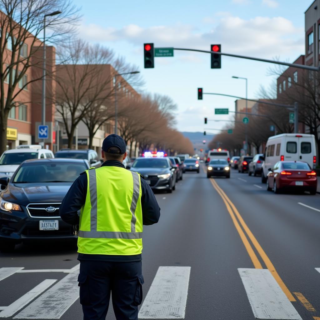 Lot Cop Directing Traffic at a Busy Intersection