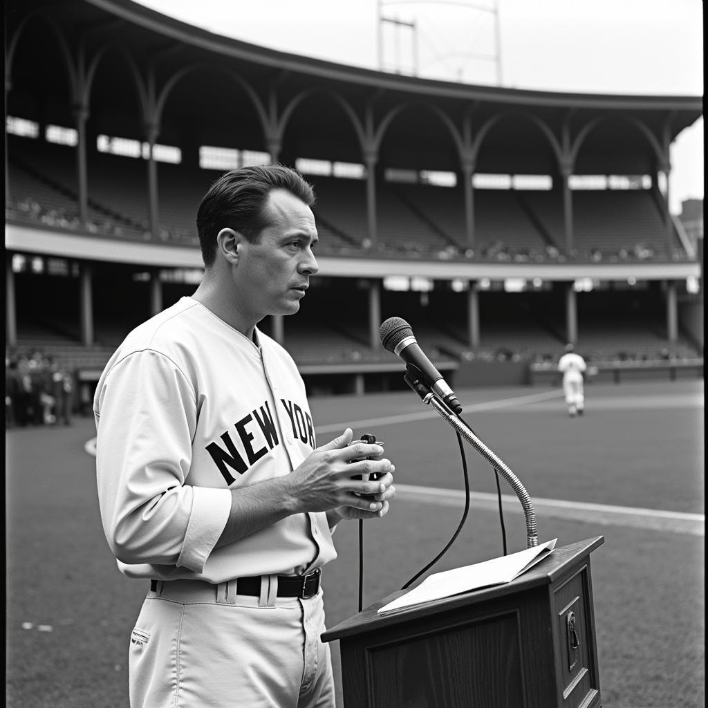 Lou Gehrig delivering his farewell speech at Yankee Stadium in 1939