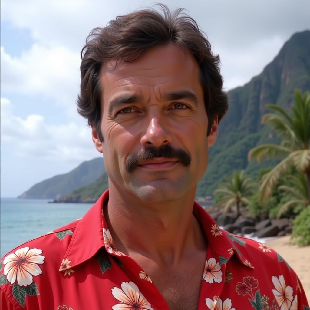 Magnum PI in his signature red shirt