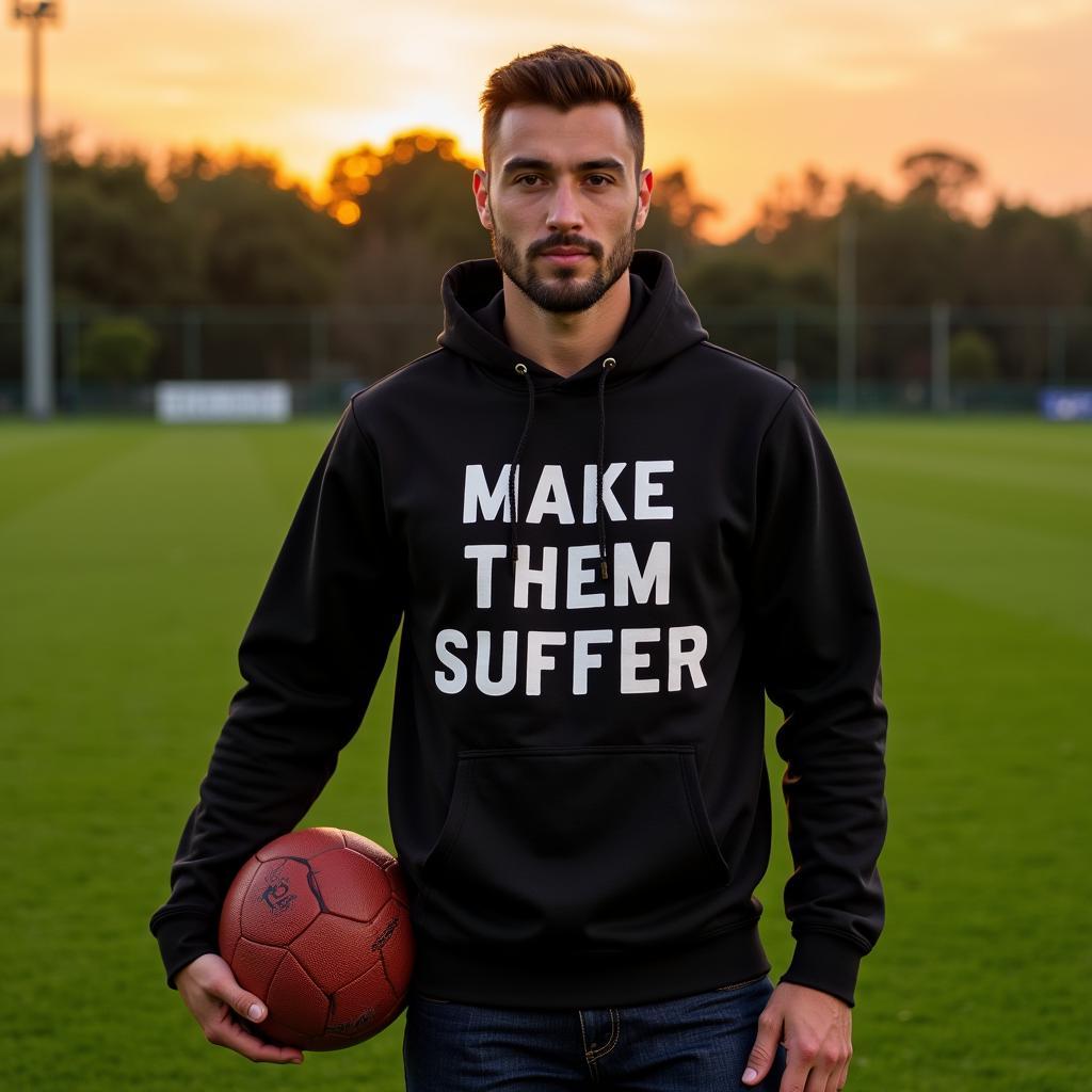 Footballer wearing a Make Them Suffer hoodie on a football field