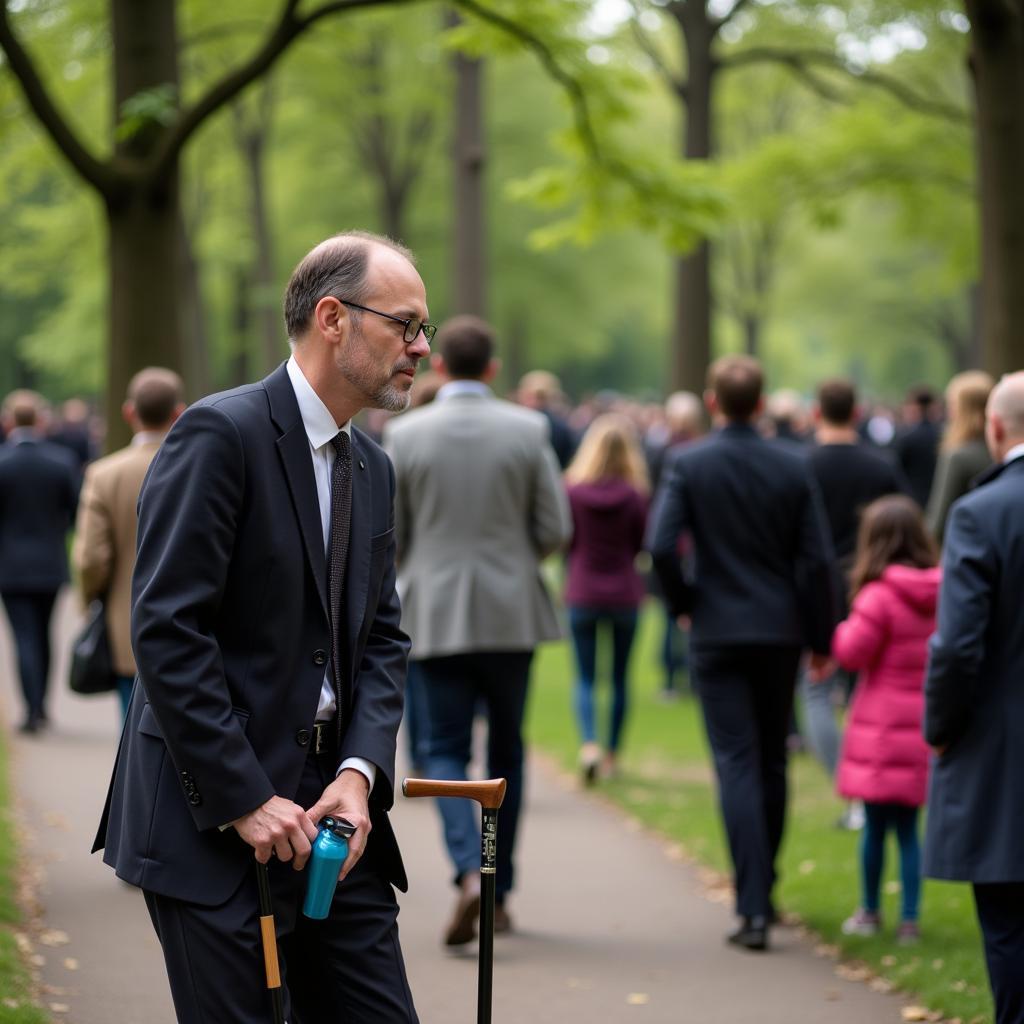 A man discreetly using a walking cane flask in a public setting