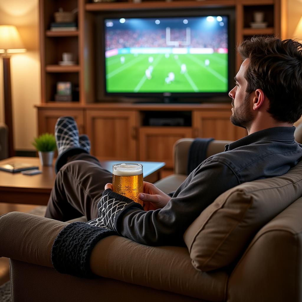 Man comfortably watching football with beer socks and handle