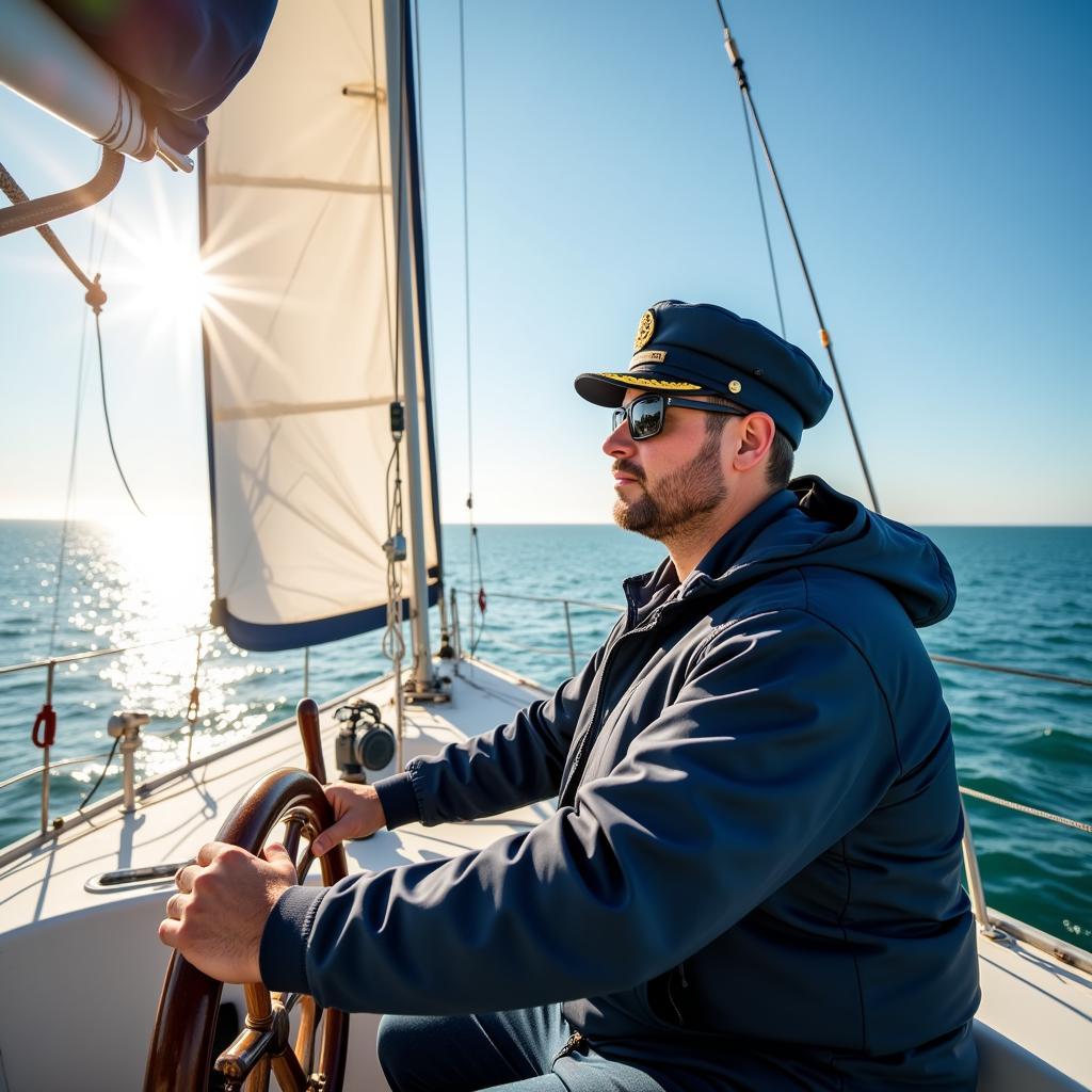 A man confidently wearing a blue captain hat while steering a sailboat.