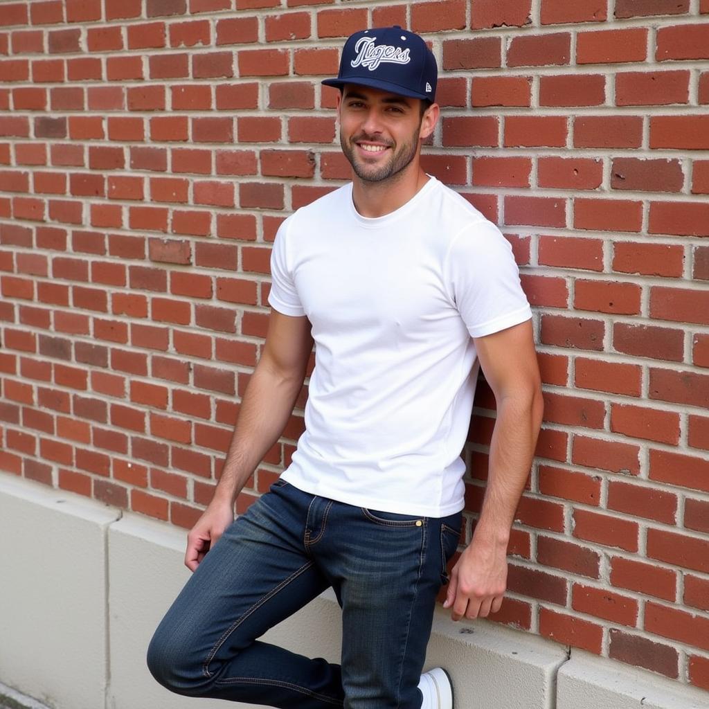 A man stylishly wearing a Detroit Tigers vintage snapback hat with a casual outfit